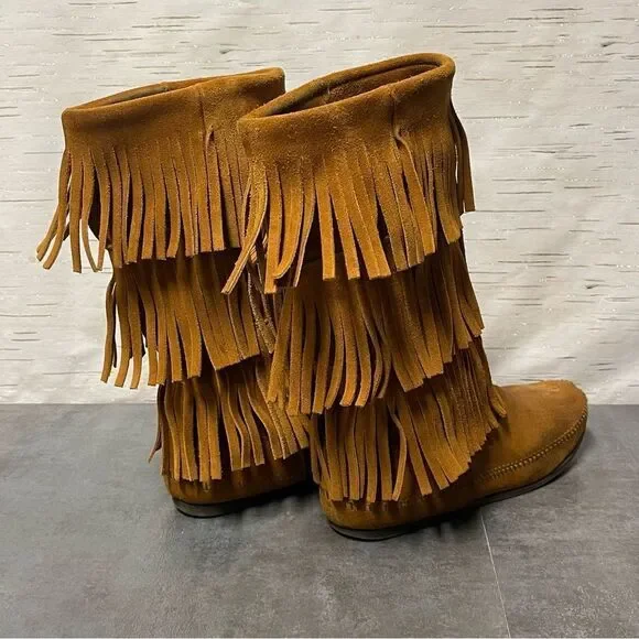 Minnetonka Women’s 3-Layer Fringe Brown Suede Leather Boots Size 8 - Picture 15 of 16